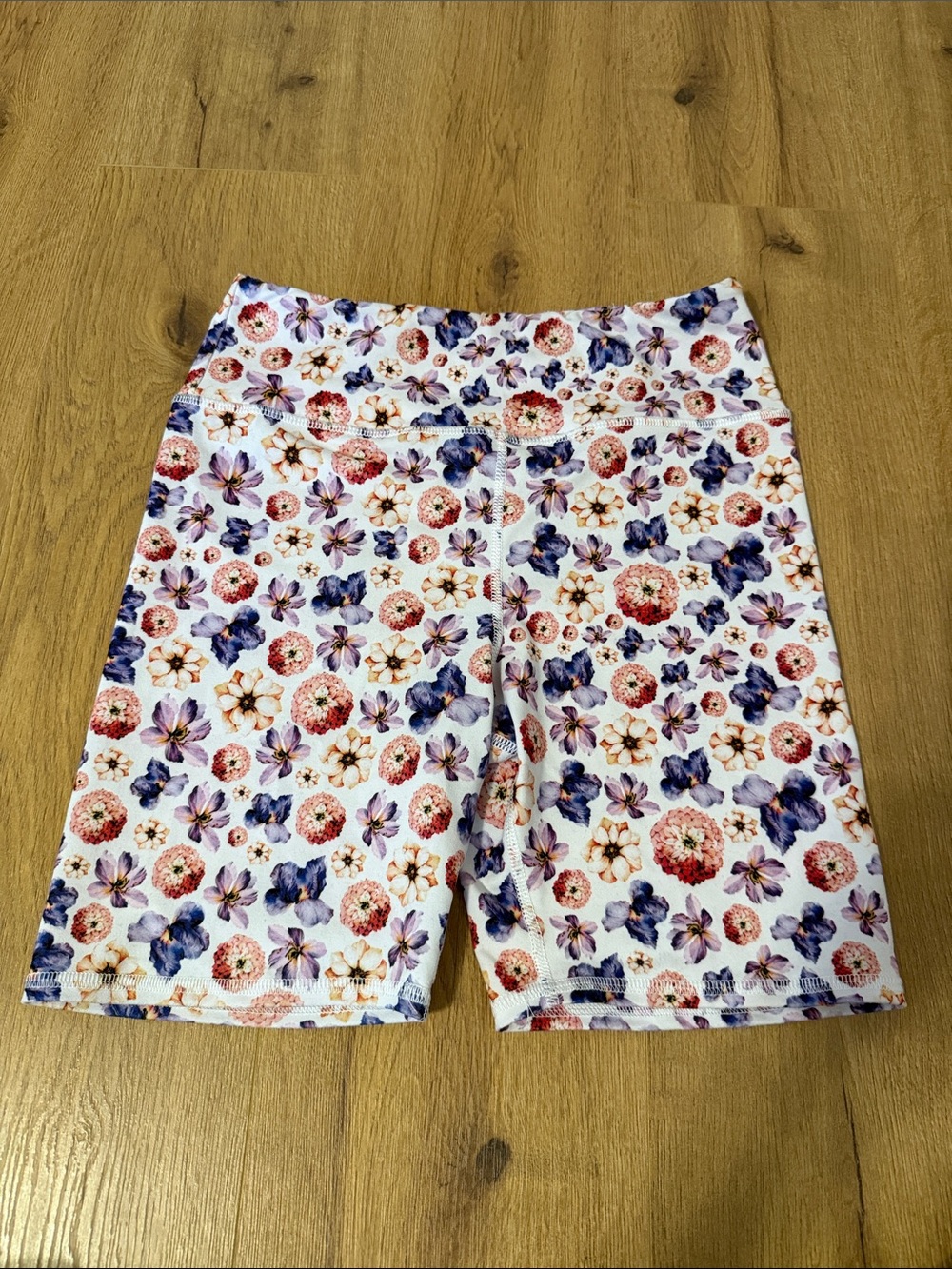 Floral-Print Women's Bike Shorts - White with Purple & Pink Flowers